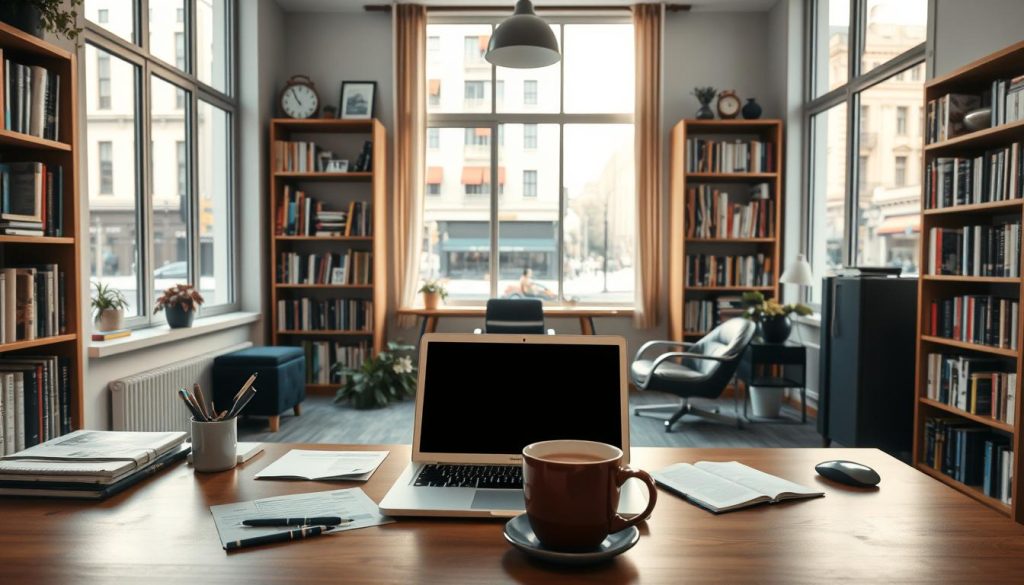 A cozy real estate office interior with a well-lit writing desk in the foreground. The desktop is cluttered with a laptop, stationery, and a cup of coffee, hinting at the ongoing web content creation process. In the middle ground, bookshelves line the walls, filled with reference materials and real estate-related publications. The background features large windows overlooking a bustling city street, allowing natural light to flood the space and create a warm, productive atmosphere. The overall mood is one of professional focus and creativity, capturing the essence of web content writing for the real estate industry. A cozy real estate office interior with a well-lit writing desk in the foreground. The desktop is cluttered with a laptop, stationery, and a cup of coffee, hinting at the ongoing web content creation process. In the middle ground, bookshelves line the walls, filled with reference materials and real estate-related publications. The background features large windows overlooking a bustling city street, allowing natural light to flood the space and create a warm, productive atmosphere. The overall mood is one of professional focus and creativity, capturing the essence of web content writing for the real estate industry.