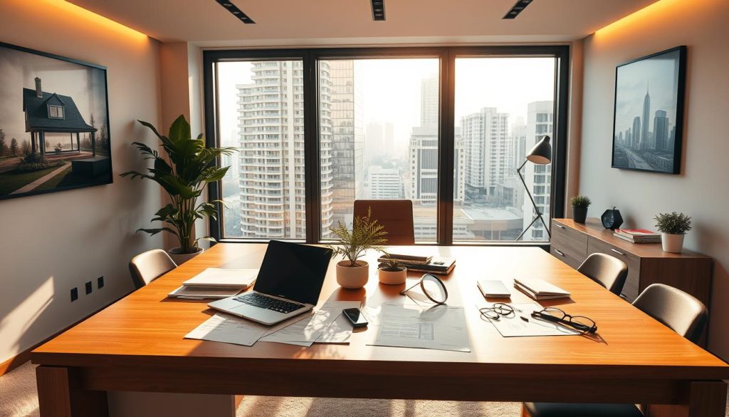 A modern office interior featuring a large desk with a laptop, documents, and a plant. The desk is situated in front of a large window overlooking a cityscape. Warm, natural lighting streams in, creating a cozy and productive atmosphere. On the desk, there are various items related to real estate and search engine optimization, such as a tablet, a mobile phone, and a magnifying glass. The walls are adorned with real estate-themed artwork and minimalist decor, conveying a professional and refined aesthetic. The overall scene captures the essence of an SEO agency focused on the real estate industry. A modern office interior featuring a large desk with a laptop, documents, and a plant. The desk is situated in front of a large window overlooking a cityscape. Warm, natural lighting streams in, creating a cozy and productive atmosphere. On the desk, there are various items related to real estate and search engine optimization, such as a tablet, a mobile phone, and a magnifying glass. The walls are adorned with real estate-themed artwork and minimalist decor, conveying a professional and refined aesthetic. The overall scene captures the essence of an SEO agency focused on the real estate industry.