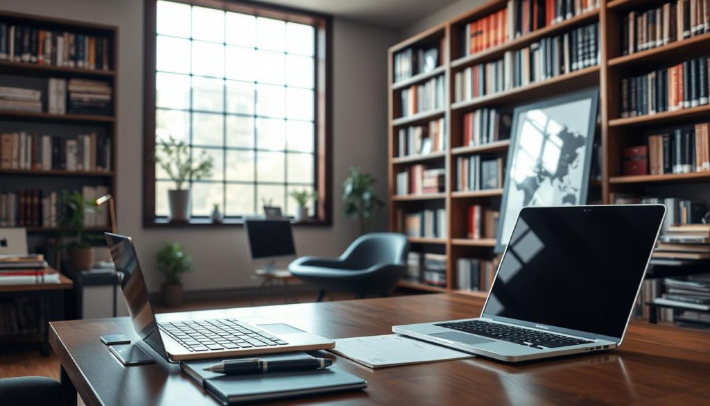 A professional, well-organized office space showcasing the expertise of a real estate SEO agency. In the foreground, a desk with a laptop, pen, and notebook, conveying a sense of efficiency and productivity. The middle ground features bookshelves filled with industry-relevant literature, suggesting a wealth of knowledge. The background depicts a large window, allowing natural light to flood the room and create a warm, inviting atmosphere. The overall scene exudes an air of professionalism, attention to detail, and a deep understanding of the real estate industry, complementing the article's focus on the agency's specialized services. A professional, well-organized office space showcasing the expertise of a real estate SEO agency. In the foreground, a desk with a laptop, pen, and notebook, conveying a sense of efficiency and productivity. The middle ground features bookshelves filled with industry-relevant literature, suggesting a wealth of knowledge. The background depicts a large window, allowing natural light to flood the room and create a warm, inviting atmosphere. The overall scene exudes an air of professionalism, attention to detail, and a deep understanding of the real estate industry, complementing the article's focus on the agency's specialized services.