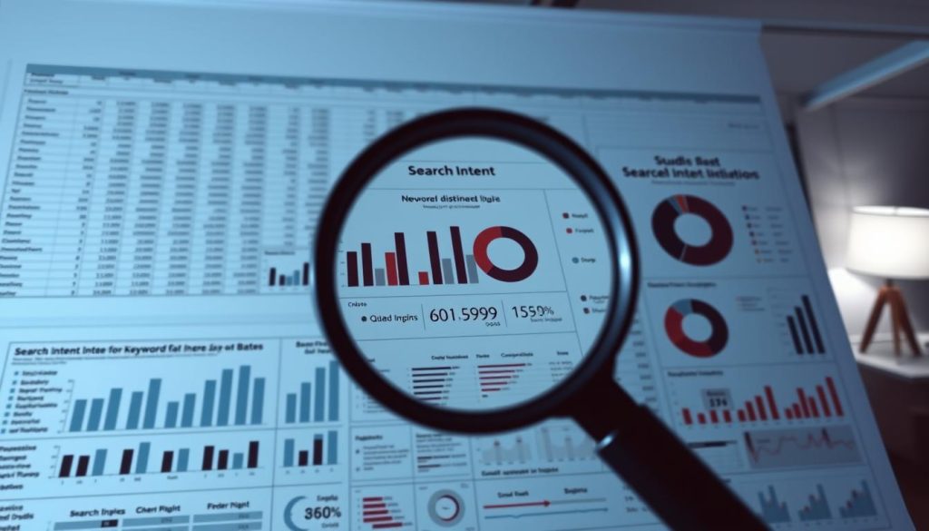 A detailed spreadsheet with intricate bar graphs and pie charts, laying out the complex data analysis of search intent and keyword distribution across a website. The foreground features a magnifying glass hovering over the central cluster of charts, symbolizing the close examination of SEO metrics. The middle ground showcases sleek, minimalist infographics with clean typography, conveying the information in a visually striking manner. The background depicts a serene, monochromatic workspace, with hints of modern office decor suggesting a professional, analytical environment. Soft, directional lighting casts subtle shadows, adding depth and dimensionality to the scene. The overall mood is one of methodical, data-driven optimization, reflecting the subject matter of the article section. A detailed spreadsheet with intricate bar graphs and pie charts, laying out the complex data analysis of search intent and keyword distribution across a website. The foreground features a magnifying glass hovering over the central cluster of charts, symbolizing the close examination of SEO metrics. The middle ground showcases sleek, minimalist infographics with clean typography, conveying the information in a visually striking manner. The background depicts a serene, monochromatic workspace, with hints of modern office decor suggesting a professional, analytical environment. Soft, directional lighting casts subtle shadows, adding depth and dimensionality to the scene. The overall mood is one of methodical, data-driven optimization, reflecting the subject matter of the article section.